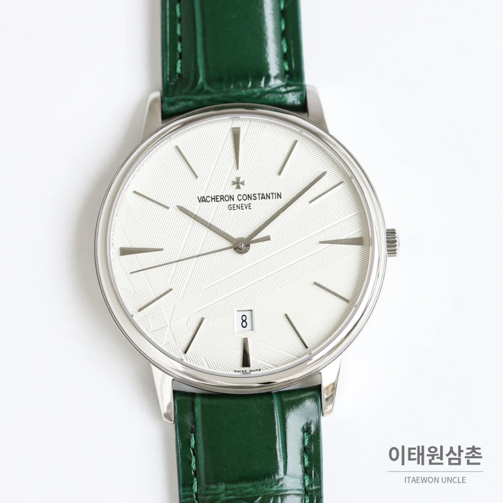 바쉐론콘스탄틴 패트리모니 오토매틱 40mm 화이트 다이얼 그린 가죽 스트랩 로즈골드 베젤