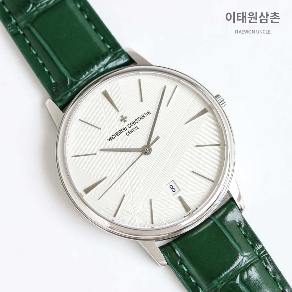 바쉐론콘스탄틴 패트리모니 오토매틱 40mm 화이트 다이얼 그린 가죽 스트랩 로즈골드 베젤