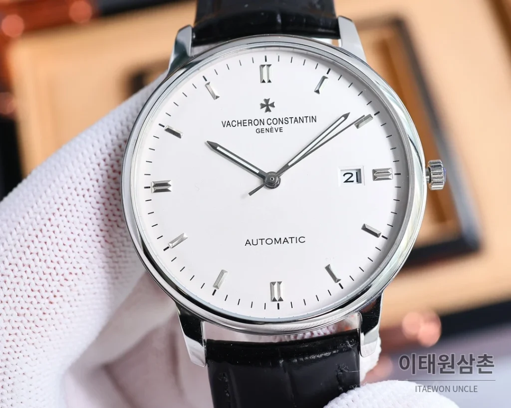 바쉐론콘스탄틴 패트리모니 오토매틱 40mm 화이트 다이얼 블랙 가죽 스트랩 골드 베젤 (2)