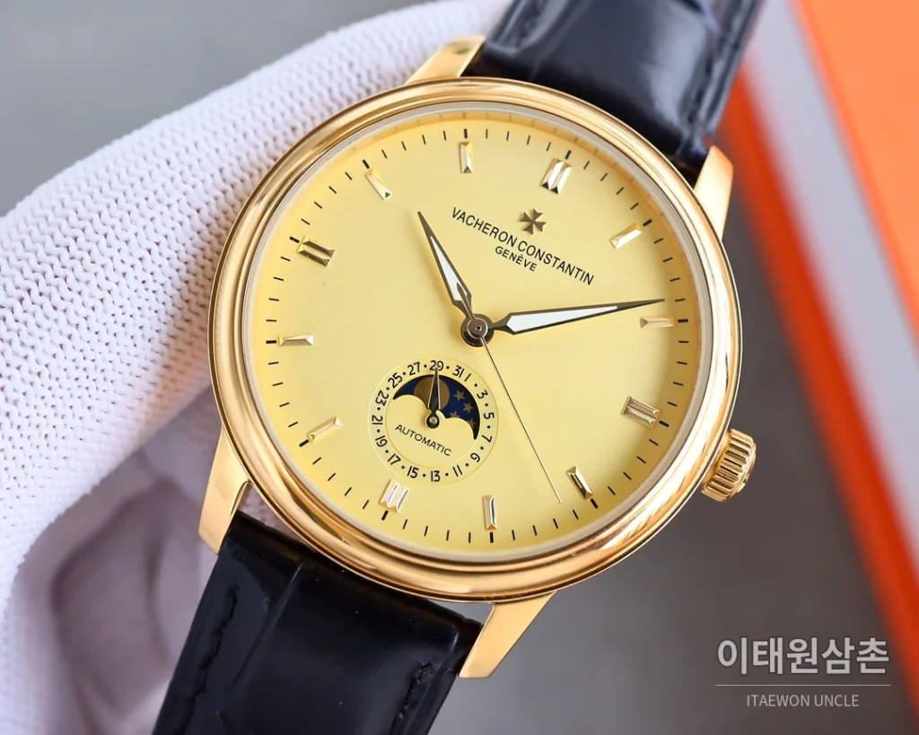바쉐론콘스탄틴 패트리모니 오토매틱 40mm 화이트 다이얼 블랙 가죽 스트랩 골드 베젤