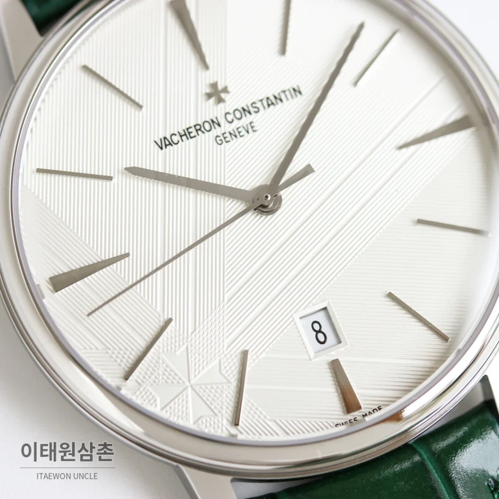 바쉐론콘스탄틴 패트리모니 오토매틱 40mm 화이트 다이얼 그린 가죽 스트랩 로즈골드 베젤