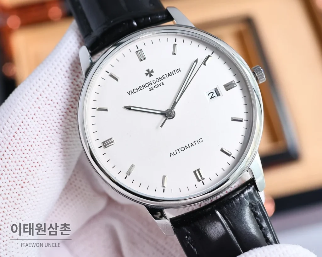 바쉐론콘스탄틴 패트리모니 오토매틱 40mm 화이트 다이얼 블랙 가죽 스트랩 골드 베젤 (2)
