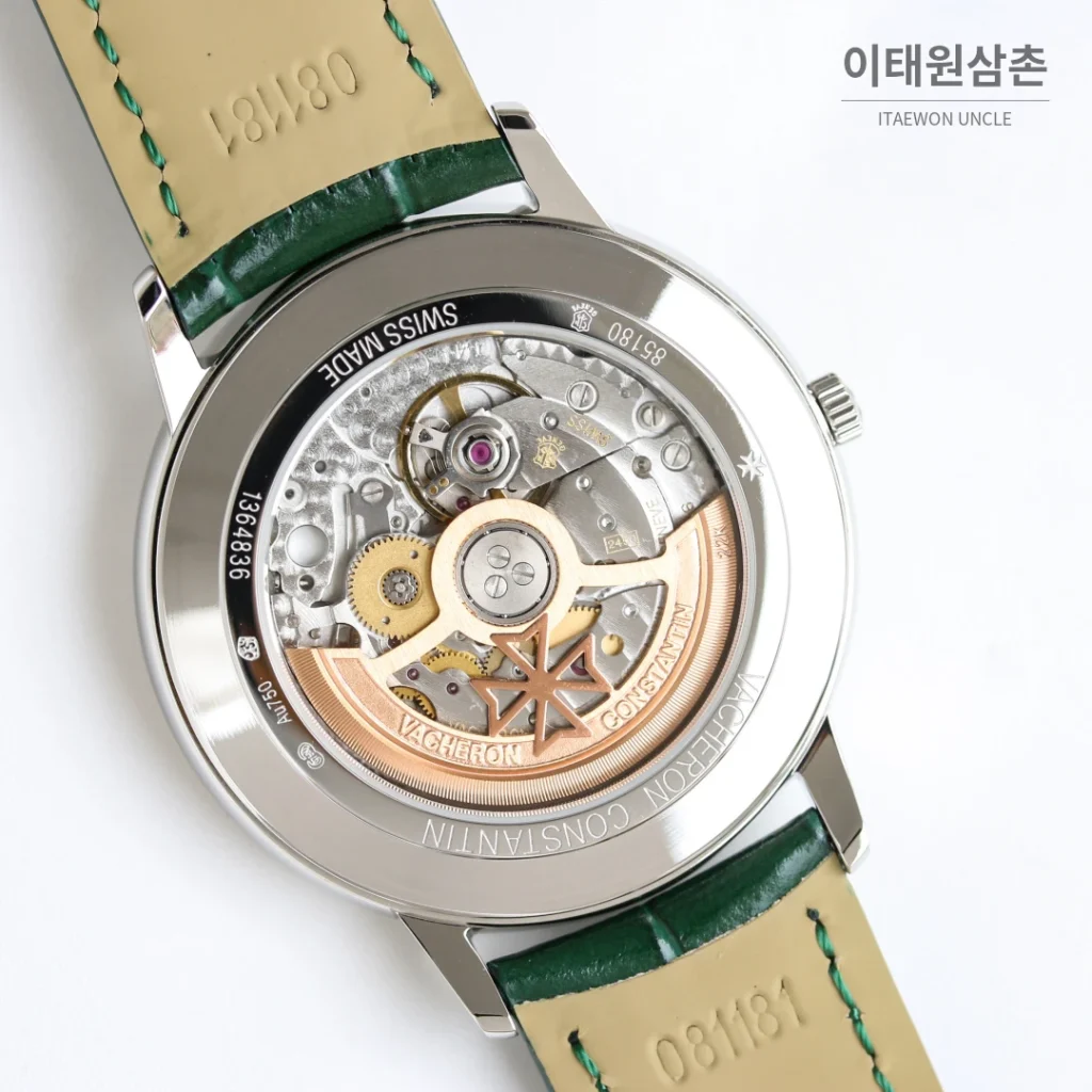 바쉐론콘스탄틴 패트리모니 오토매틱 40mm 화이트 다이얼 그린 가죽 스트랩 로즈골드 베젤