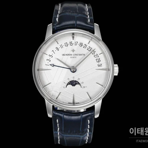 바쉐론콘스탄틴 패트리모니 문페이즈 레트로그레이드 데이트 오토매틱 42.5mm 실버 네이비 가죽 스트랩