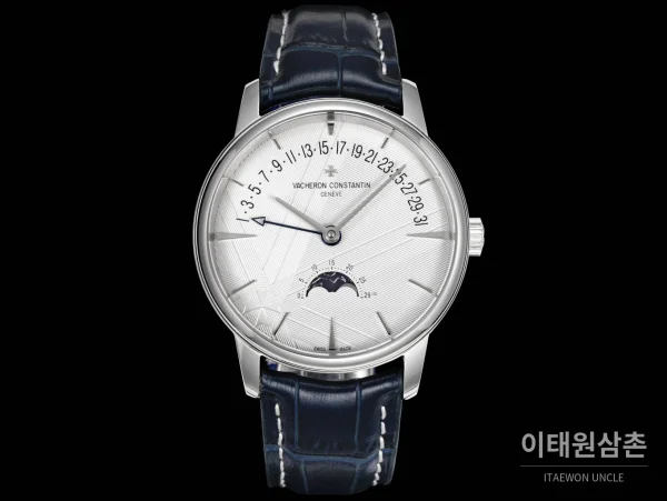 바쉐론콘스탄틴 패트리모니 문페이즈 레트로그레이드 데이트 오토매틱 42.5mm 실버 네이비 가죽 스트랩 바쉐론콘스탄틴 패트리모니 문페이즈 레트로그레이드 데이트 오토매틱 42.5mm 실버 네이비 가죽 스트랩