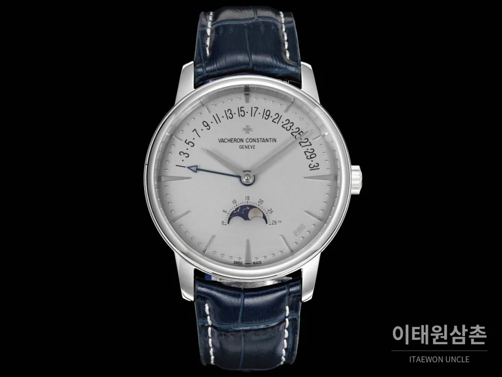 바쉐론콘스탄틴 패트리모니 문페이즈 레트로그레이드 데이트 오토매틱 42.5mm 실버 네이비 가죽 스트랩 (2)
