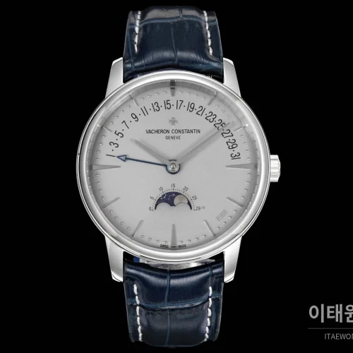 바쉐론콘스탄틴 패트리모니 문페이즈 레트로그레이드 데이트 오토매틱 42.5mm 실버 네이비 가죽 스트랩 (2)