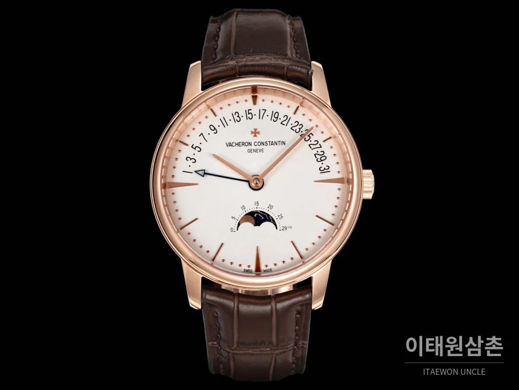 바쉐론콘스탄틴 패트리모니 문페이즈 레트로그레이드 데이트 오토매틱 42.5mm 실버 브라운 가죽 스트랩 로즈골드 베젤