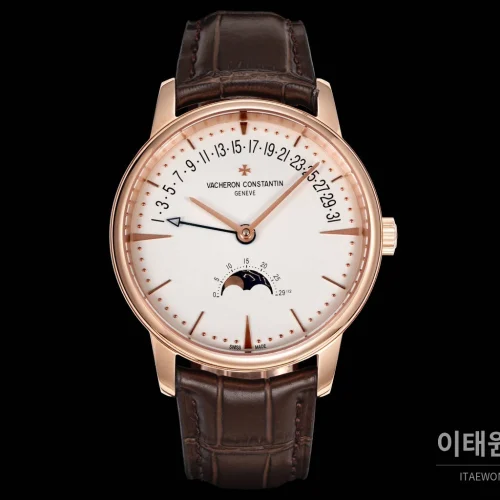 바쉐론콘스탄틴 패트리모니 문페이즈 레트로그레이드 데이트 오토매틱 42.5mm 실버 브라운 가죽 스트랩 로즈골드 베젤