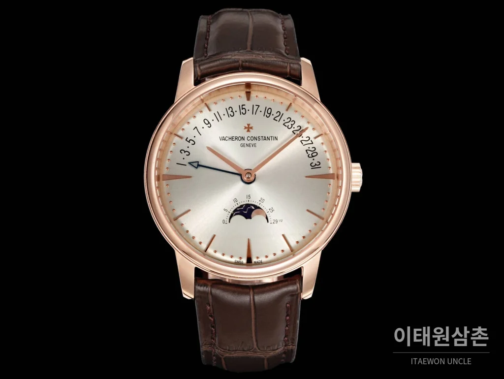 바쉐론콘스탄틴 패트리모니 문페이즈 레트로그레이드 데이트 오토매틱 42.5mm 실버 브라운 가죽 스트랩 로즈골드 베젤 (2)