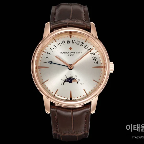 바쉐론콘스탄틴 패트리모니 문페이즈 레트로그레이드 데이트 오토매틱 42.5mm 실버 브라운 가죽 스트랩 로즈골드 베젤 (2)