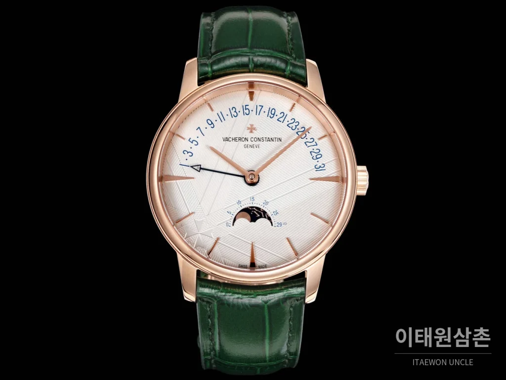 바쉐론콘스탄틴 패트리모니 문페이즈 레트로그레이드 데이트 오토매틱 42.5mm 실버 그린 가죽 스트랩 로즈골드 베젤