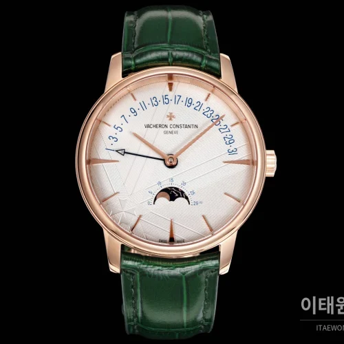 바쉐론콘스탄틴 패트리모니 문페이즈 레트로그레이드 데이트 오토매틱 42.5mm 실버 그린 가죽 스트랩 로즈골드 베젤