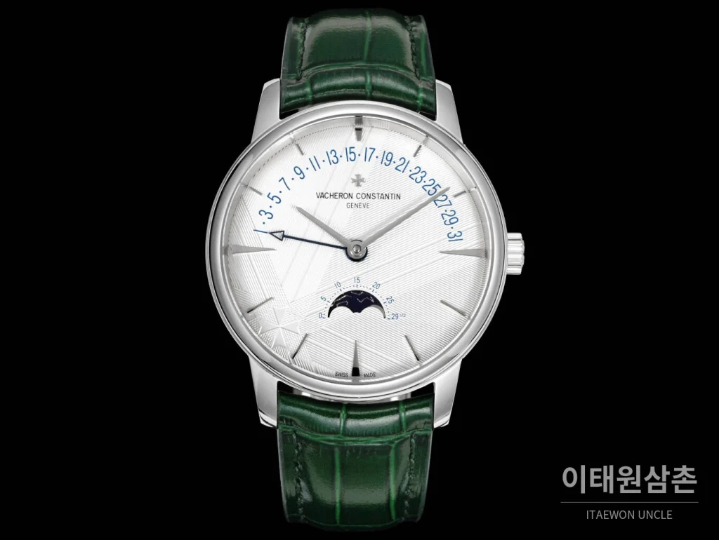 바쉐론콘스탄틴 패트리모니 문페이즈 레트로그레이드 데이트 오토매틱 42.5mm 실버 그린 가죽 스트랩