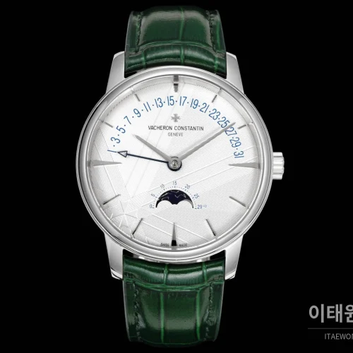 바쉐론콘스탄틴 패트리모니 문페이즈 레트로그레이드 데이트 오토매틱 42.5mm 실버 그린 가죽 스트랩