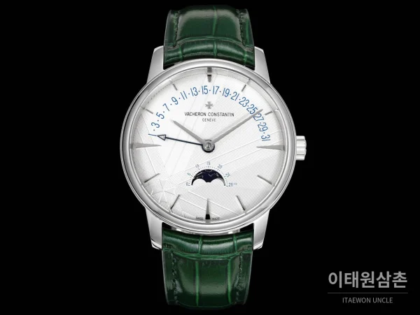바쉐론콘스탄틴 패트리모니 문페이즈 레트로그레이드 데이트 오토매틱 42.5mm 실버 그린 가죽 스트랩