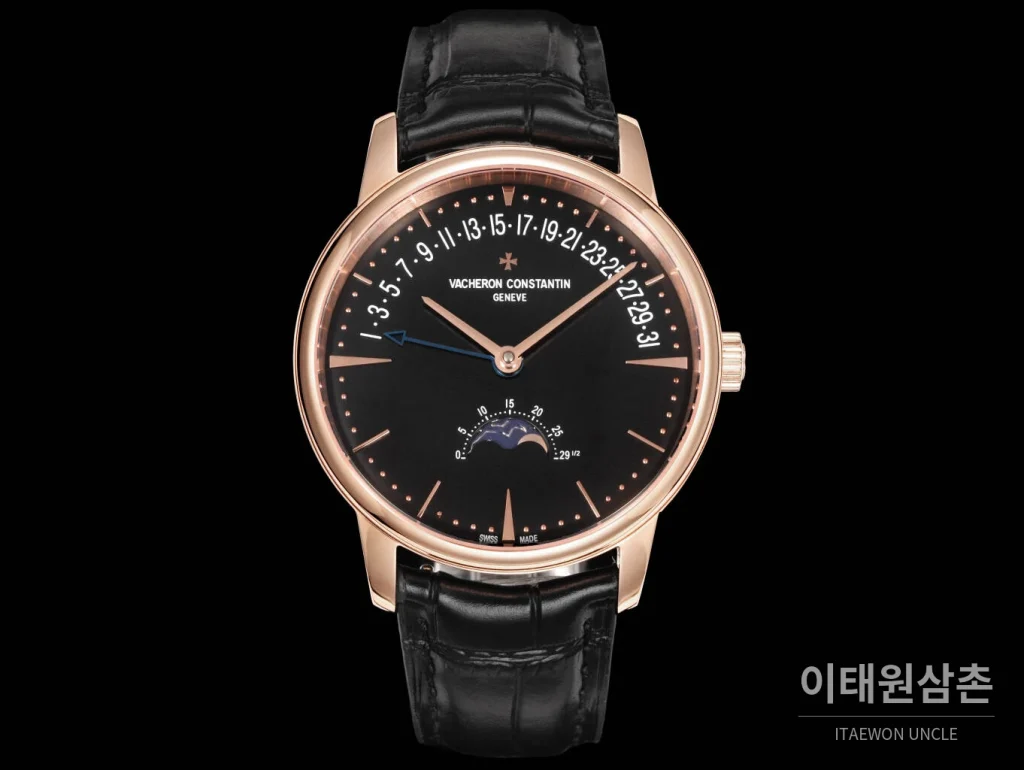 바쉐론콘스탄틴 패트리모니 문페이즈 레트로그레이드 데이트 오토매틱 42.5mm 실버 블랙 가죽 스트랩 로즈골드 베젤