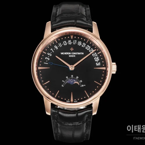 바쉐론콘스탄틴 패트리모니 문페이즈 레트로그레이드 데이트 오토매틱 42.5mm 실버 블랙 가죽 스트랩 로즈골드 베젤