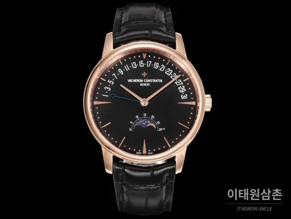 바쉐론콘스탄틴 패트리모니 문페이즈 레트로그레이드 데이트 오토매틱 42.5mm 실버 블랙 가죽 스트랩 로즈골드 베젤