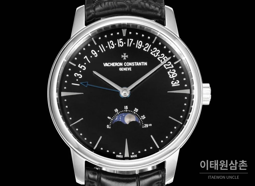 바쉐론콘스탄틴 패트리모니 문페이즈 레트로그레이드 데이트 오토매틱 42.5mm 실버 블랙 가죽 스트랩