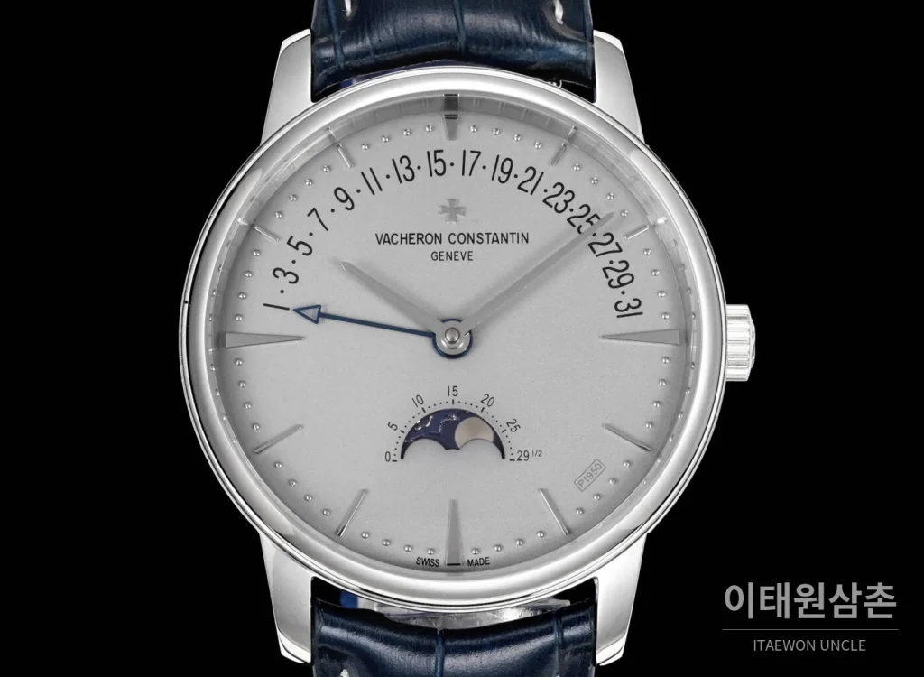 바쉐론콘스탄틴 패트리모니 문페이즈 레트로그레이드 데이트 오토매틱 42.5mm 실버 네이비 가죽 스트랩 (2)