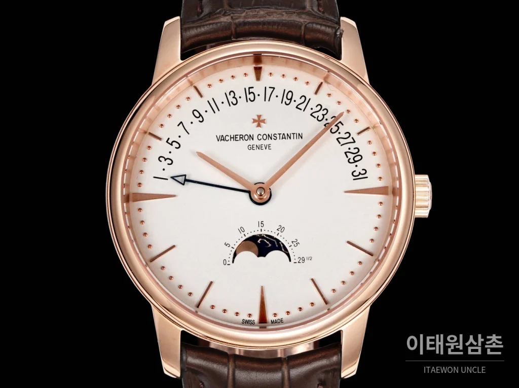 바쉐론콘스탄틴 패트리모니 문페이즈 레트로그레이드 데이트 오토매틱 42.5mm 실버 브라운 가죽 스트랩 로즈골드 베젤