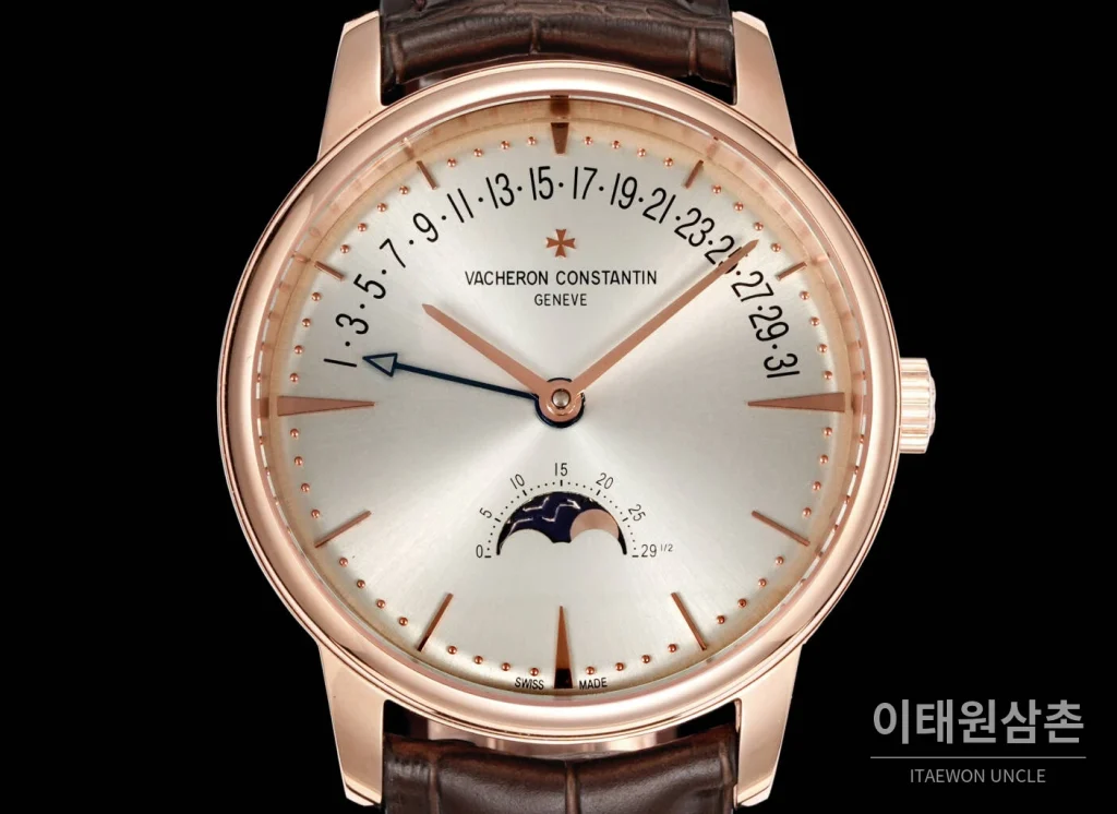 바쉐론콘스탄틴 패트리모니 문페이즈 레트로그레이드 데이트 오토매틱 42.5mm 실버 브라운 가죽 스트랩 로즈골드 베젤 (2)