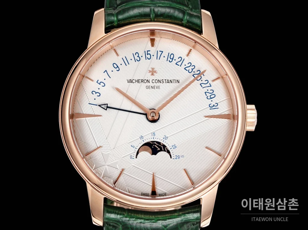 바쉐론콘스탄틴 패트리모니 문페이즈 레트로그레이드 데이트 오토매틱 42.5mm 실버 그린 가죽 스트랩 로즈골드 베젤