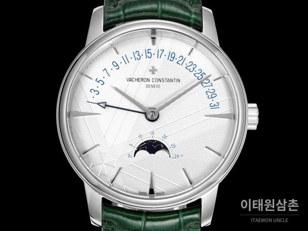 바쉐론콘스탄틴 패트리모니 문페이즈 레트로그레이드 데이트 오토매틱 42.5mm 실버 그린 가죽 스트랩