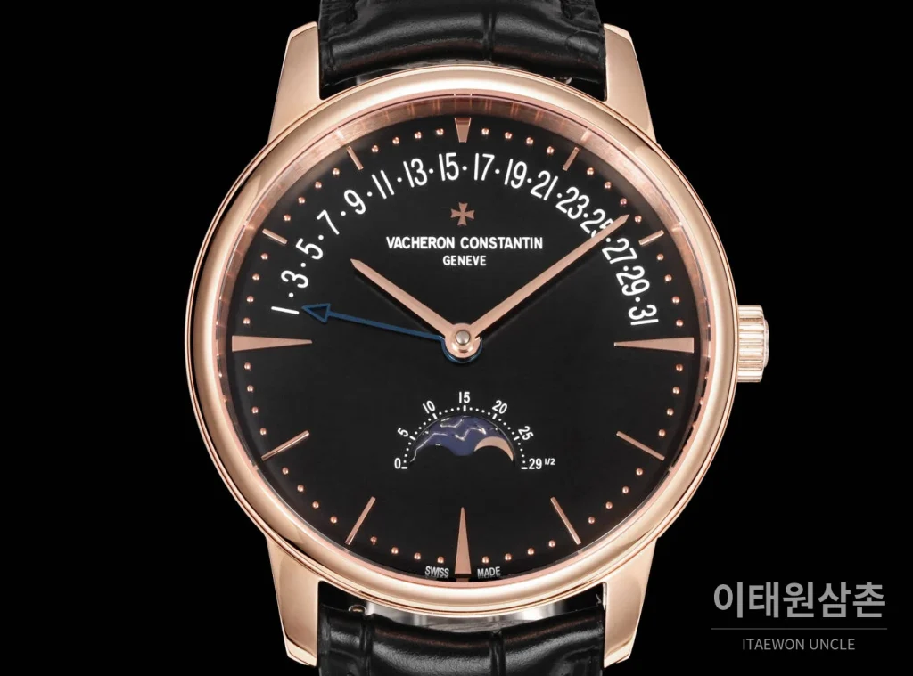 바쉐론콘스탄틴 패트리모니 문페이즈 레트로그레이드 데이트 오토매틱 42.5mm 실버 블랙 가죽 스트랩 로즈골드 베젤