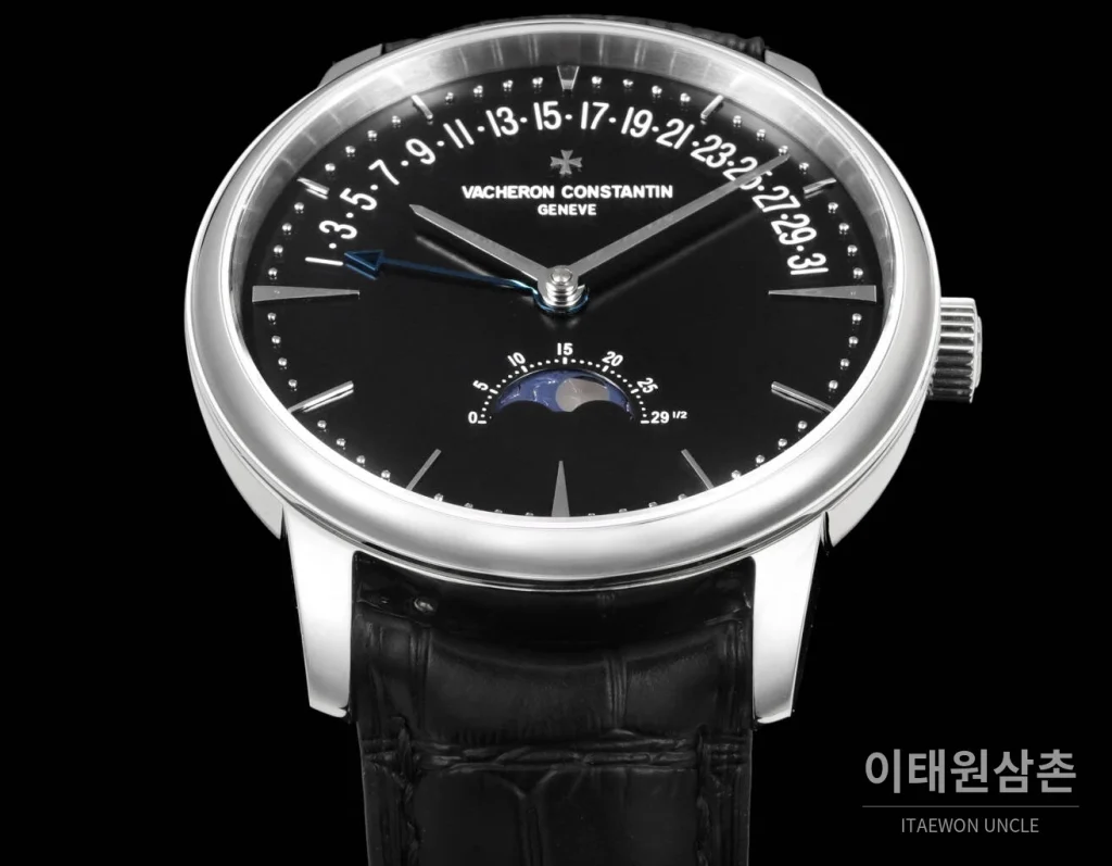 바쉐론콘스탄틴 패트리모니 문페이즈 레트로그레이드 데이트 오토매틱 42.5mm 실버 블랙 가죽 스트랩
