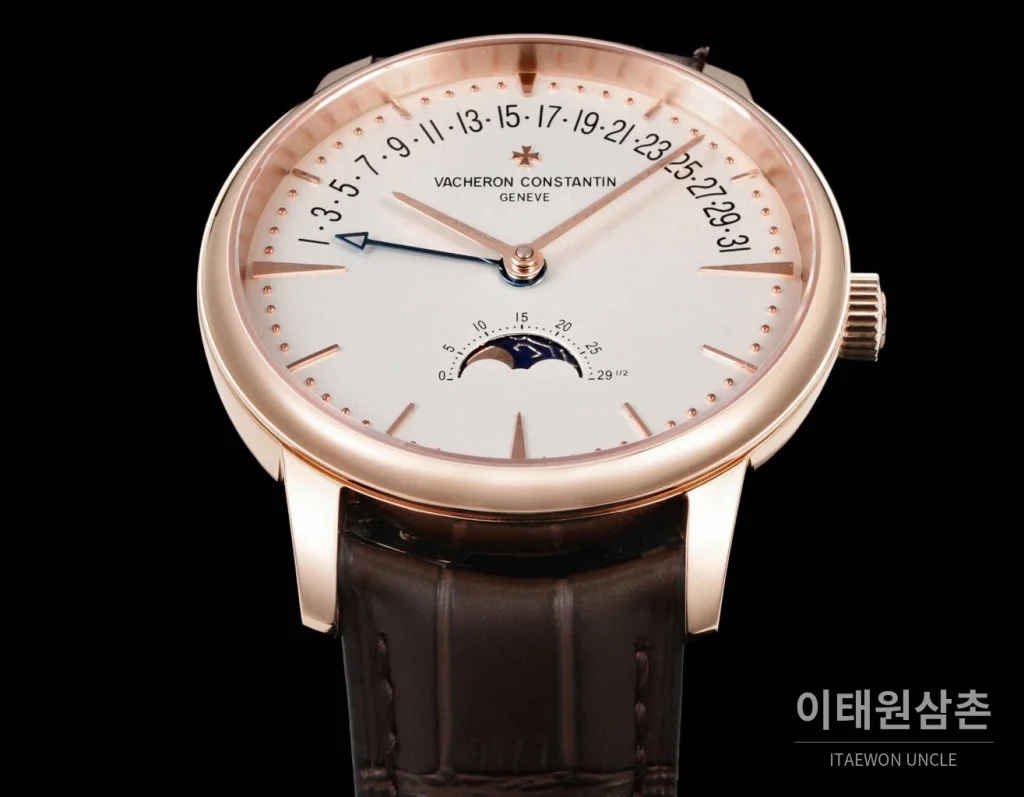 바쉐론콘스탄틴 패트리모니 문페이즈 레트로그레이드 데이트 오토매틱 42.5mm 실버 브라운 가죽 스트랩 로즈골드 베젤