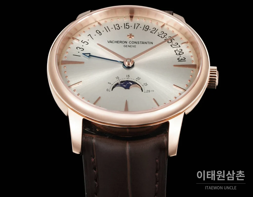 바쉐론콘스탄틴 패트리모니 문페이즈 레트로그레이드 데이트 오토매틱 42.5mm 실버 브라운 가죽 스트랩 로즈골드 베젤 (2)