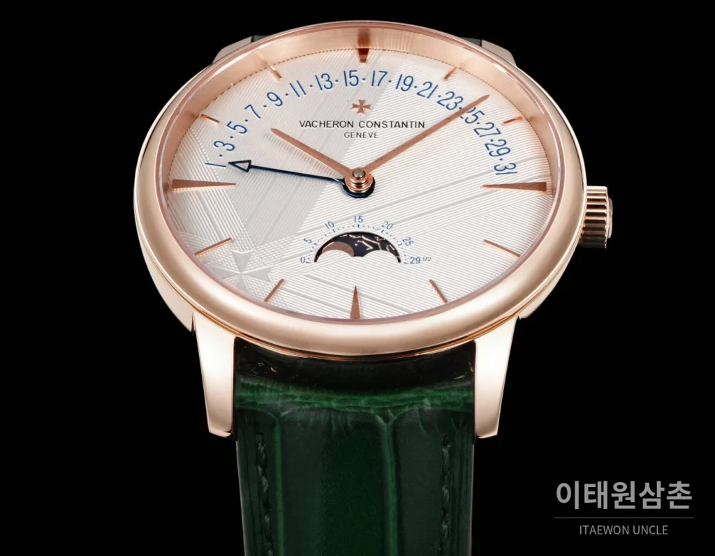 바쉐론콘스탄틴 패트리모니 문페이즈 레트로그레이드 데이트 오토매틱 42.5mm 실버 그린 가죽 스트랩 로즈골드 베젤