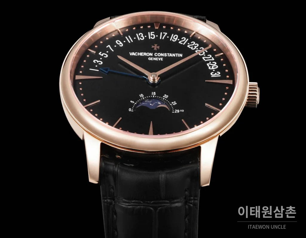 바쉐론콘스탄틴 패트리모니 문페이즈 레트로그레이드 데이트 오토매틱 42.5mm 실버 블랙 가죽 스트랩 로즈골드 베젤