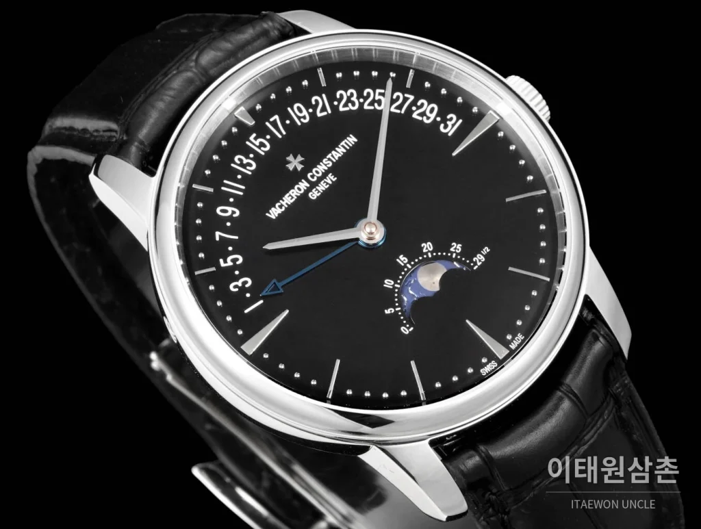 바쉐론콘스탄틴 패트리모니 문페이즈 레트로그레이드 데이트 오토매틱 42.5mm 실버 블랙 가죽 스트랩