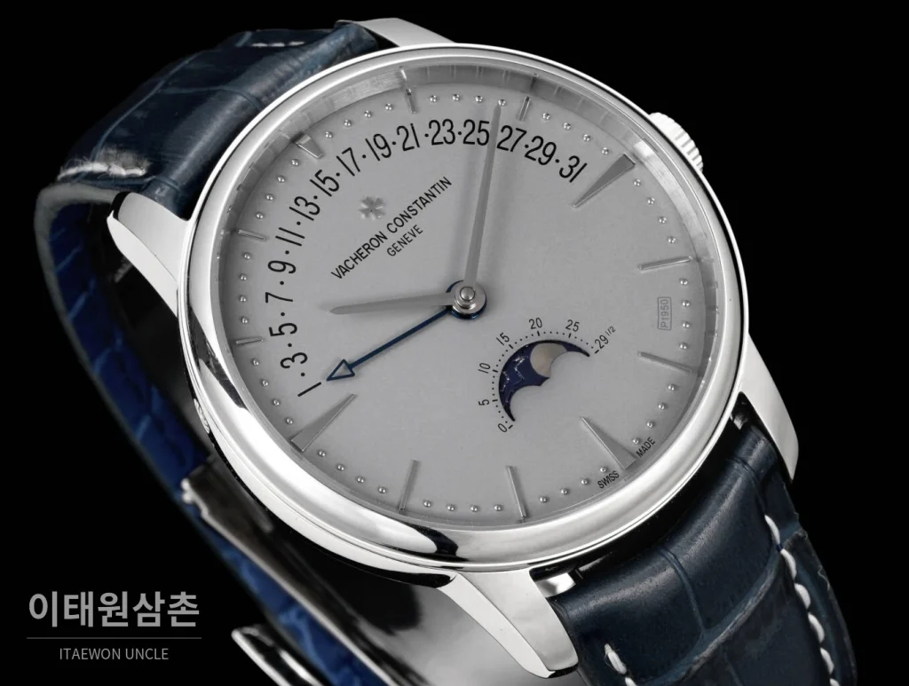 바쉐론콘스탄틴 패트리모니 문페이즈 레트로그레이드 데이트 오토매틱 42.5mm 실버 네이비 가죽 스트랩 (2)