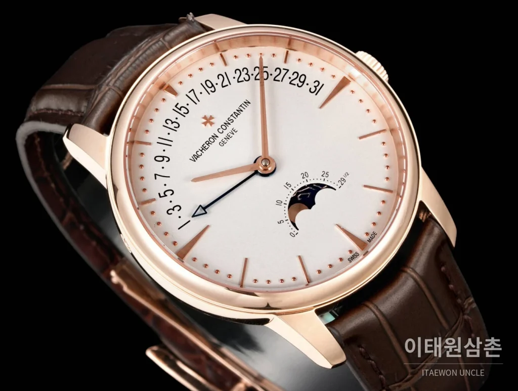 바쉐론콘스탄틴 패트리모니 문페이즈 레트로그레이드 데이트 오토매틱 42.5mm 실버 브라운 가죽 스트랩 로즈골드 베젤