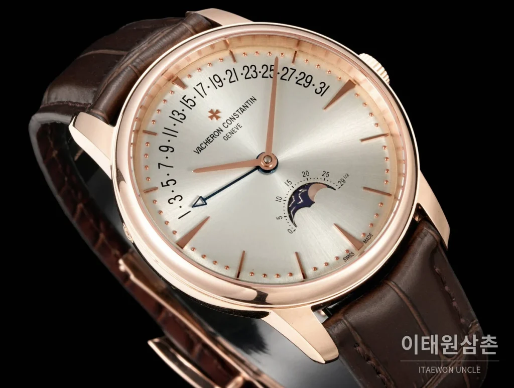 바쉐론콘스탄틴 패트리모니 문페이즈 레트로그레이드 데이트 오토매틱 42.5mm 실버 브라운 가죽 스트랩 로즈골드 베젤 (2)