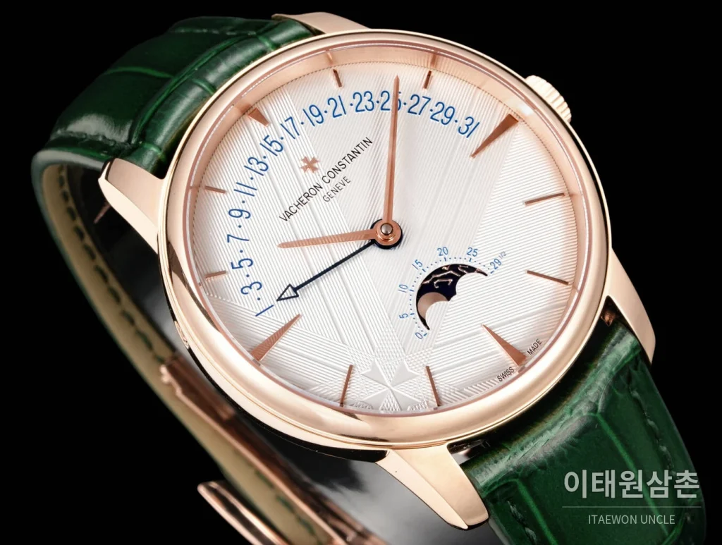 바쉐론콘스탄틴 패트리모니 문페이즈 레트로그레이드 데이트 오토매틱 42.5mm 실버 그린 가죽 스트랩 로즈골드 베젤