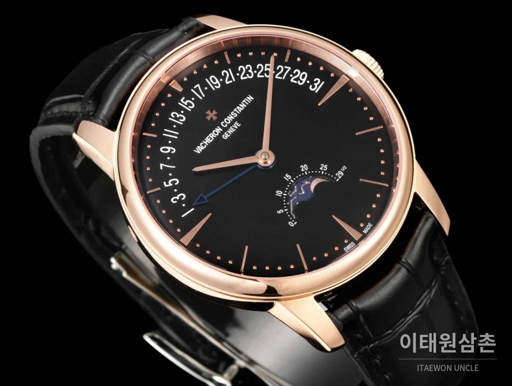 바쉐론콘스탄틴 패트리모니 문페이즈 레트로그레이드 데이트 오토매틱 42.5mm 실버 블랙 가죽 스트랩 로즈골드 베젤