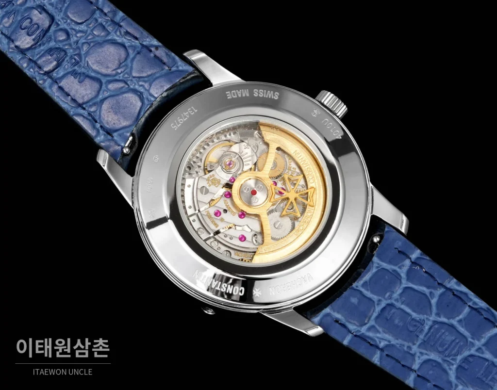 바쉐론콘스탄틴 패트리모니 문페이즈 레트로그레이드 데이트 오토매틱 42.5mm 실버 네이비 가죽 스트랩