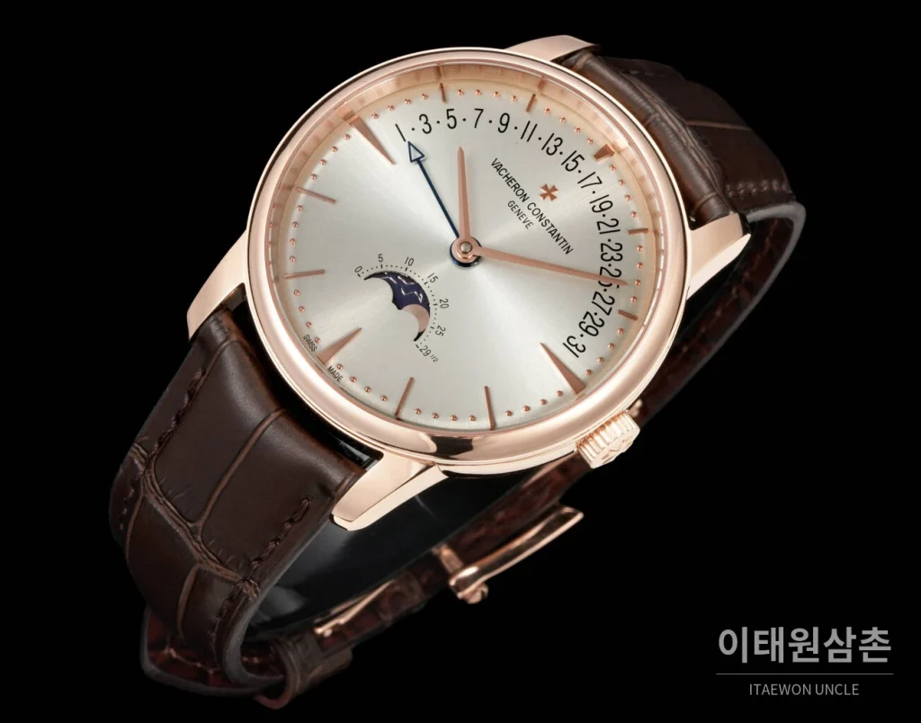 바쉐론콘스탄틴 패트리모니 문페이즈 레트로그레이드 데이트 오토매틱 42.5mm 실버 브라운 가죽 스트랩 로즈골드 베젤 (2)