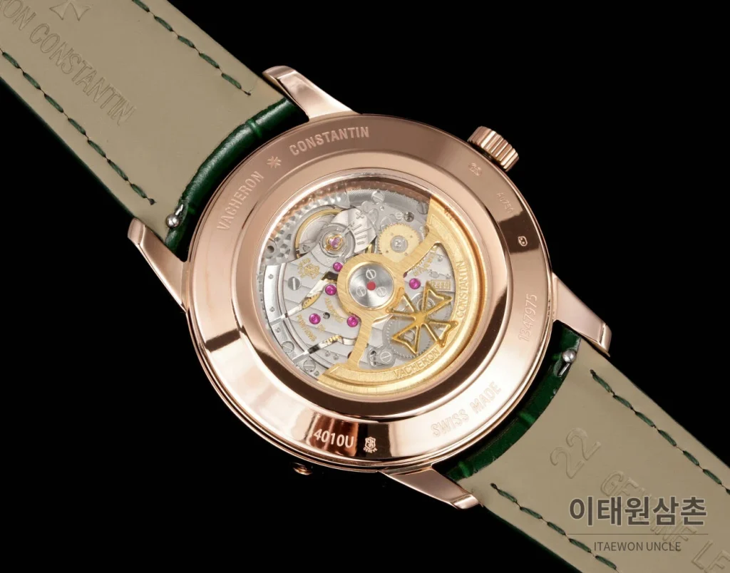 바쉐론콘스탄틴 패트리모니 문페이즈 레트로그레이드 데이트 오토매틱 42.5mm 실버 그린 가죽 스트랩 로즈골드 베젤