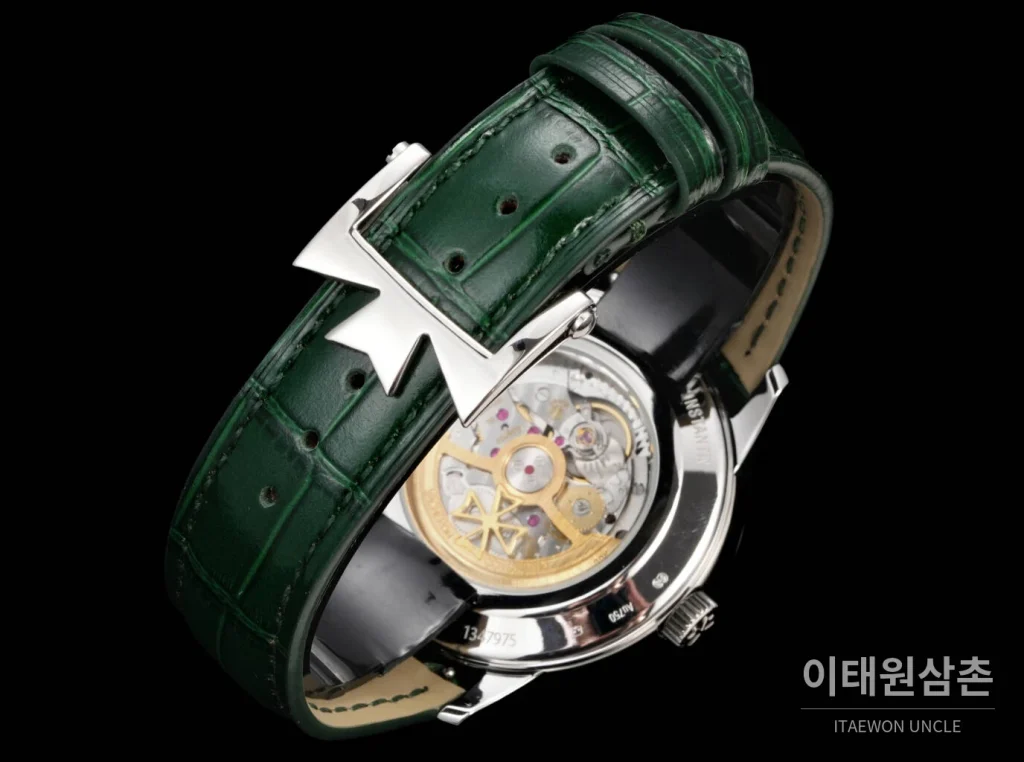 바쉐론콘스탄틴 패트리모니 문페이즈 레트로그레이드 데이트 오토매틱 42.5mm 실버 그린 가죽 스트랩