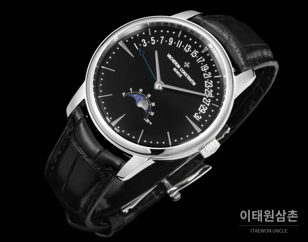바쉐론콘스탄틴 패트리모니 문페이즈 레트로그레이드 데이트 오토매틱 42.5mm 실버 블랙 가죽 스트랩