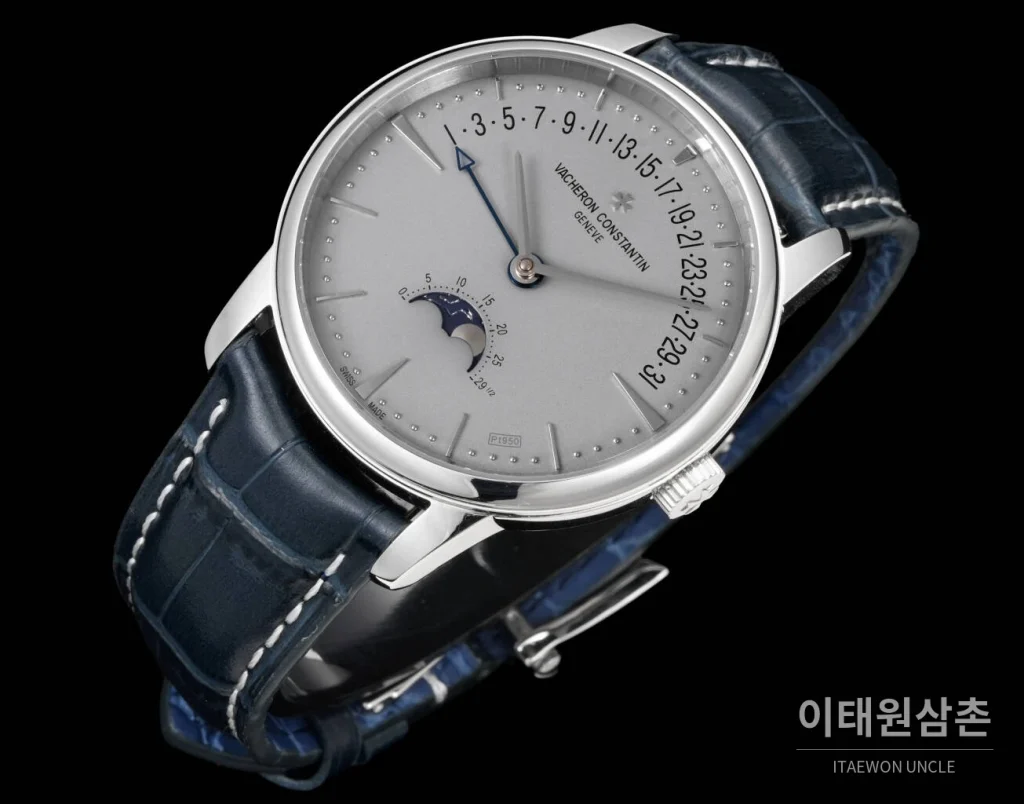 바쉐론콘스탄틴 패트리모니 문페이즈 레트로그레이드 데이트 오토매틱 42.5mm 실버 네이비 가죽 스트랩 (2)