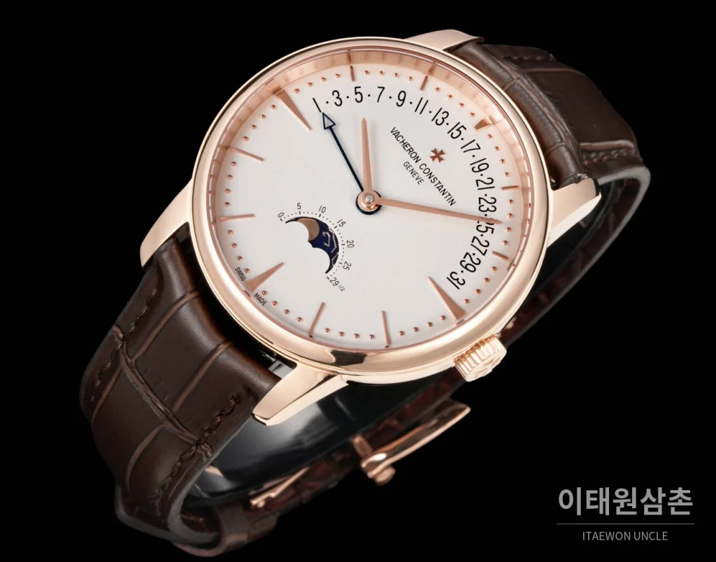 바쉐론콘스탄틴 패트리모니 문페이즈 레트로그레이드 데이트 오토매틱 42.5mm 실버 브라운 가죽 스트랩 로즈골드 베젤