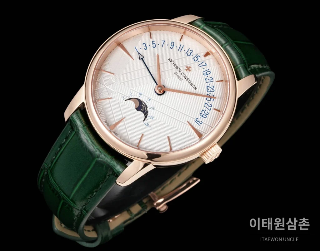 바쉐론콘스탄틴 패트리모니 문페이즈 레트로그레이드 데이트 오토매틱 42.5mm 실버 그린 가죽 스트랩 로즈골드 베젤