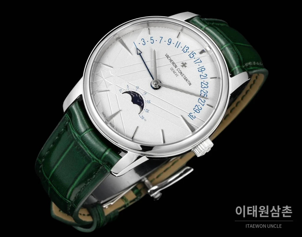 바쉐론콘스탄틴 패트리모니 문페이즈 레트로그레이드 데이트 오토매틱 42.5mm 실버 그린 가죽 스트랩